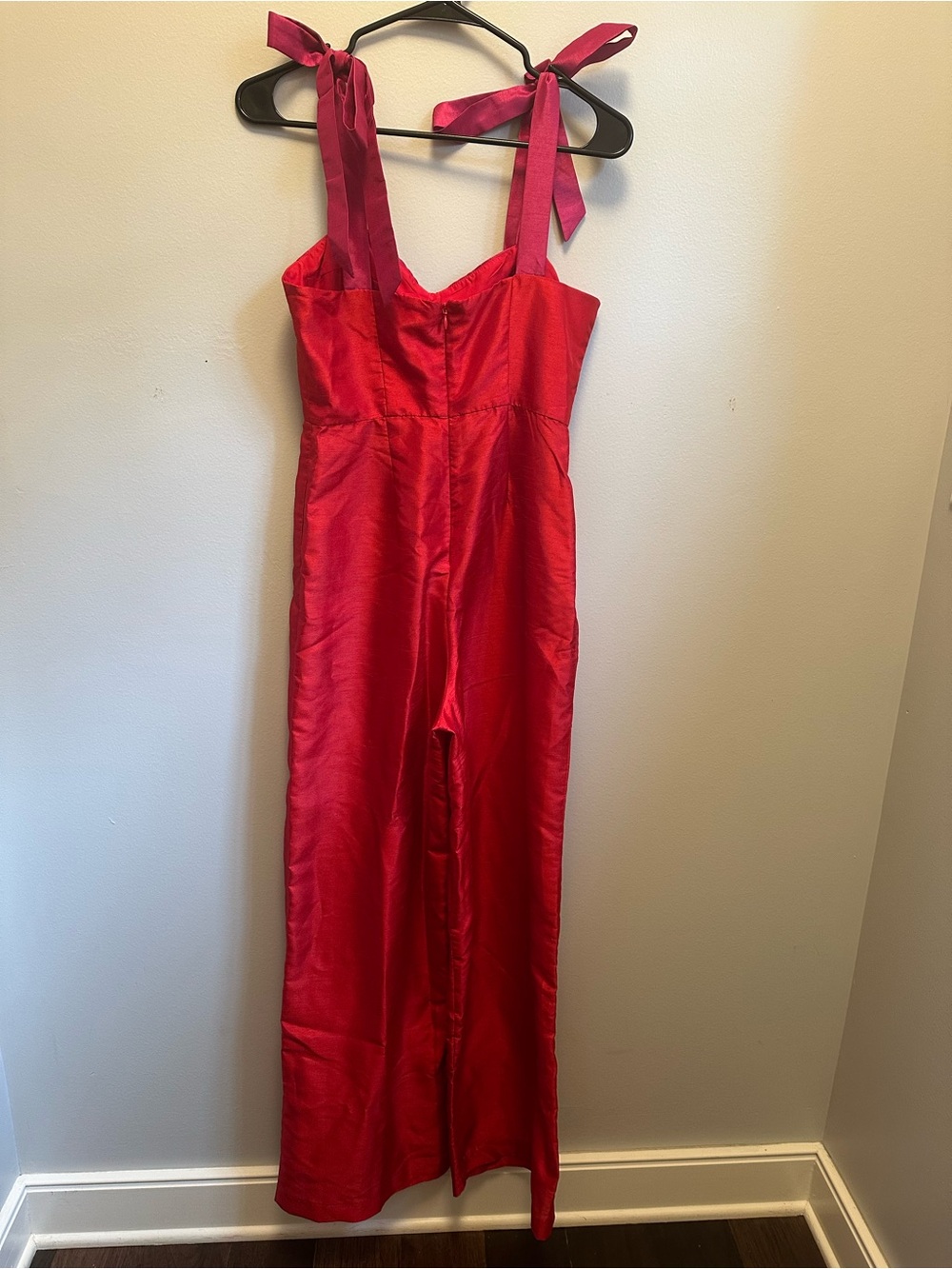 Anthropologie Two Tone Red Satin Wide-Leg Jumpsuit with Pink Tie Straps - Picture 8 of 8